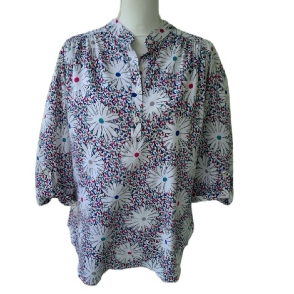 TopNotch Plus 2X White Floral Firework Print 3/4 Sleeve Top